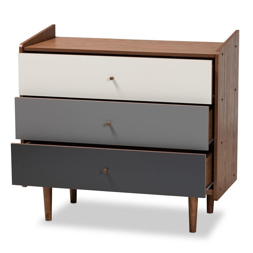 Halden Mid-Century Modern Multicolor Walnut Brown and Grey Gradient Finished Wood 3-Drawer Chest FredCo