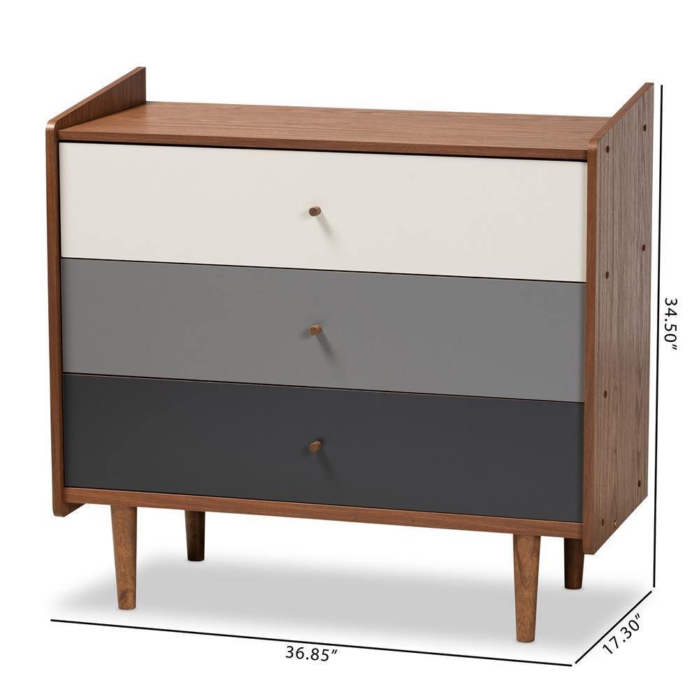 Halden Mid-Century Modern Multicolor Walnut Brown and Grey Gradient Finished Wood 3-Drawer Chest FredCo
