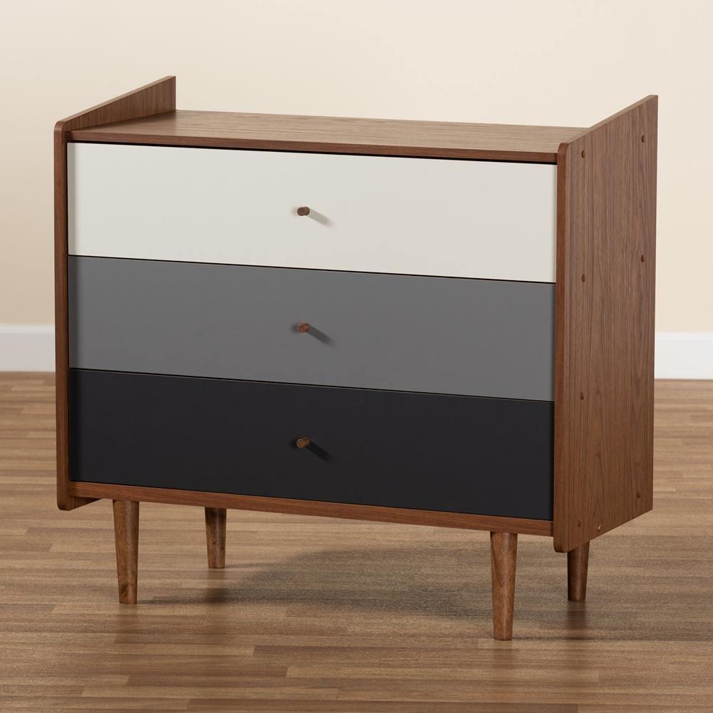 Halden Mid-Century Modern Multicolor Walnut Brown and Grey Gradient Finished Wood 3-Drawer Chest FredCo
