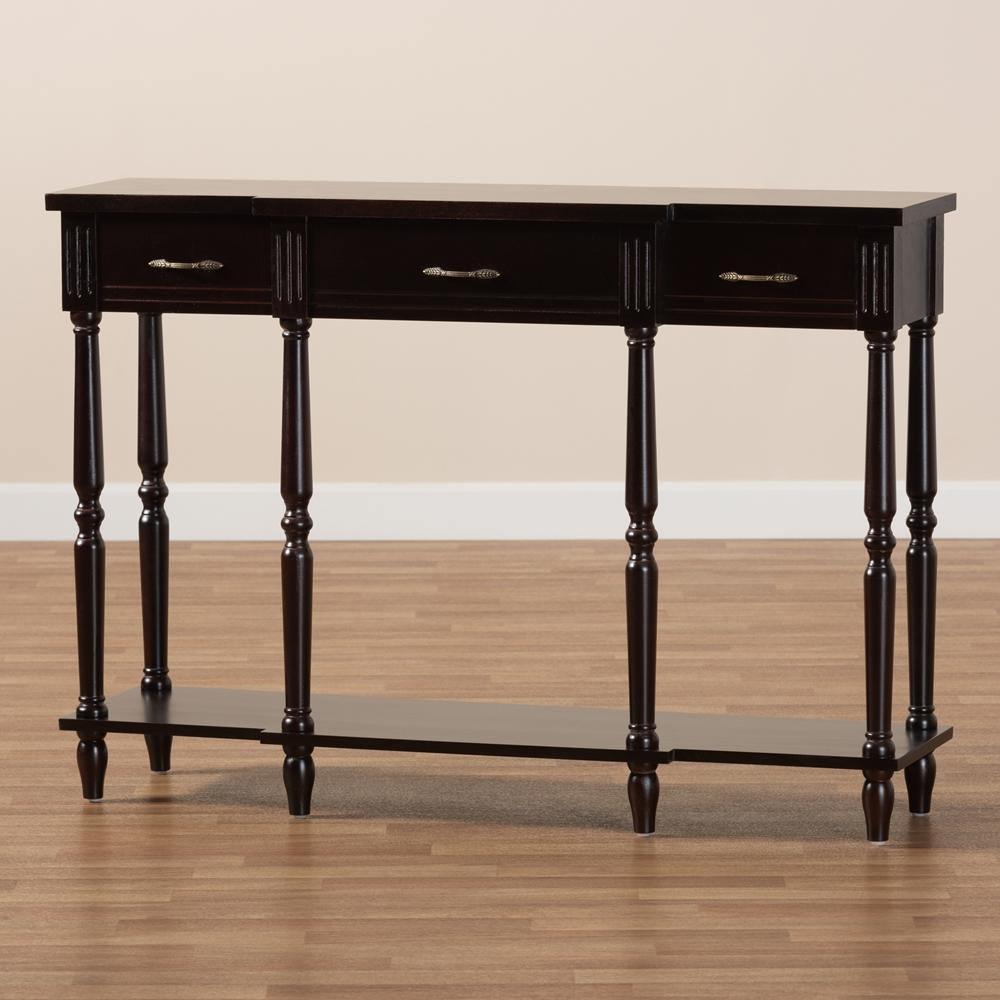 Hallan Classic and Traditional French Provincial Dark Brown Finished Wood 3-Drawer Console Table FredCo