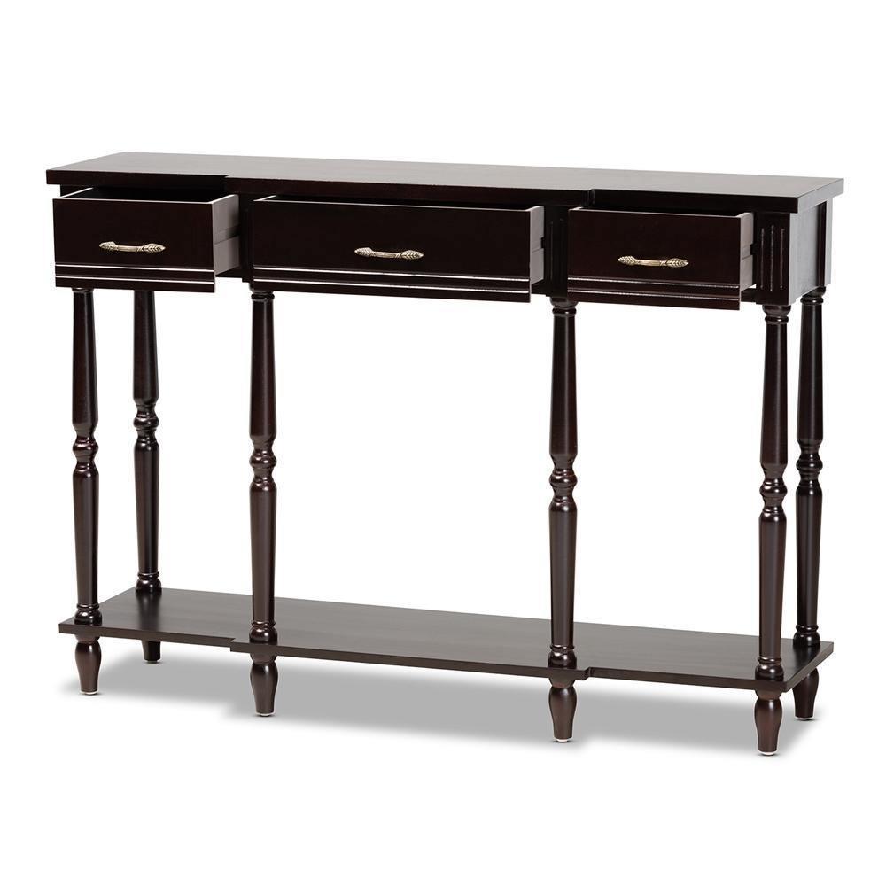 Hallan Classic and Traditional French Provincial Dark Brown Finished Wood 3-Drawer Console Table FredCo