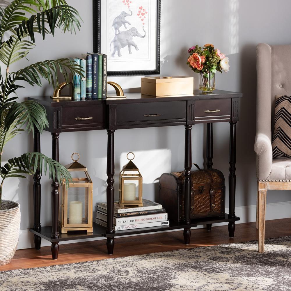 Hallan Classic and Traditional French Provincial Dark Brown Finished Wood 3-Drawer Console Table FredCo