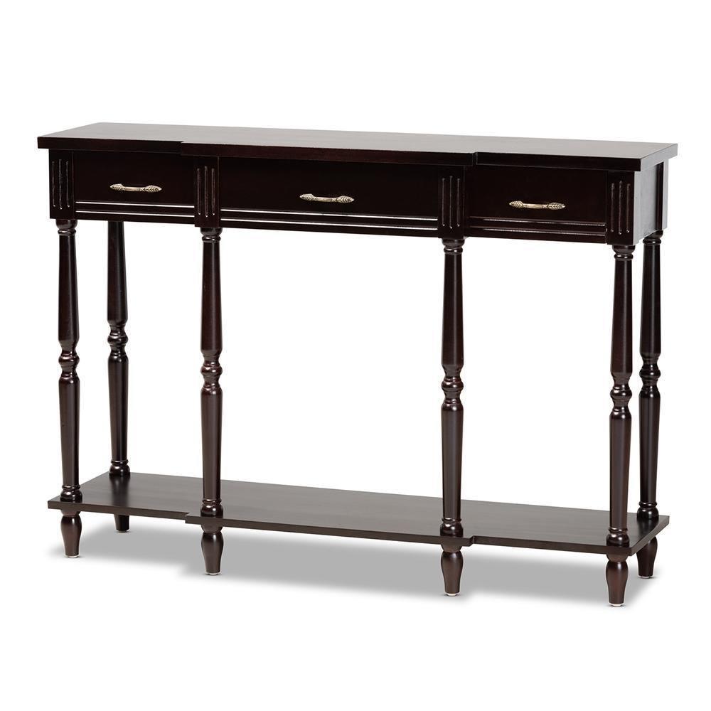 Hallan Classic and Traditional French Provincial Dark Brown Finished Wood 3-Drawer Console Table FredCo