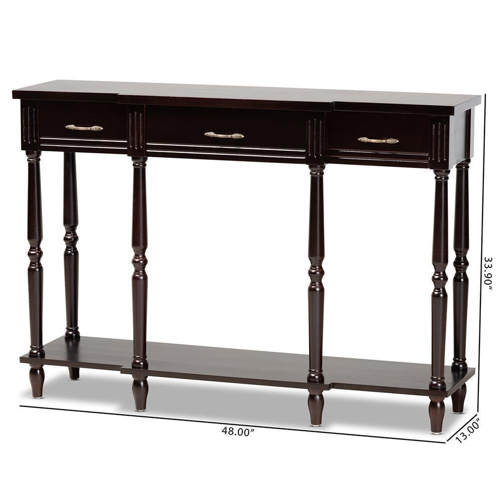 Hallan Classic and Traditional French Provincial Dark Brown Finished Wood 3-Drawer Console Table FredCo
