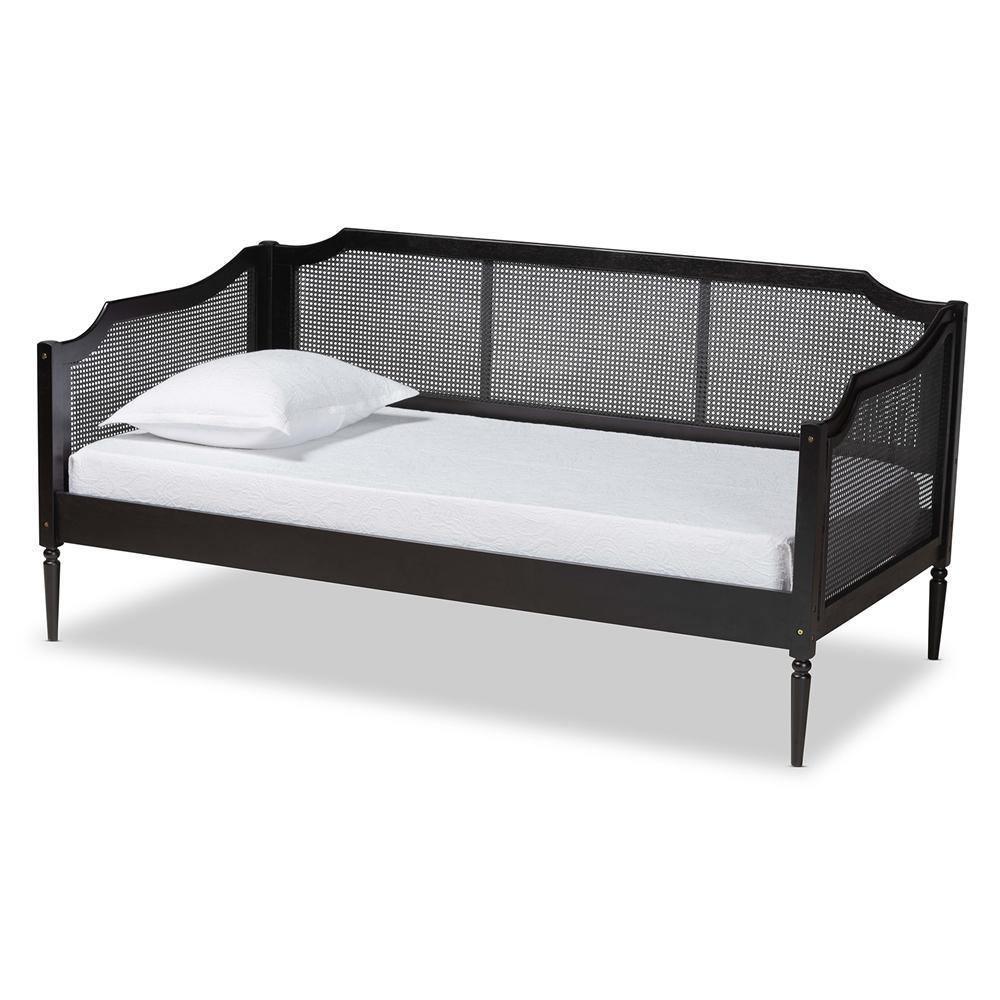 Hancock Mid-Century Modern Charcoal Finished Wood and Synthetic Rattan Twin Size Daybed FredCo