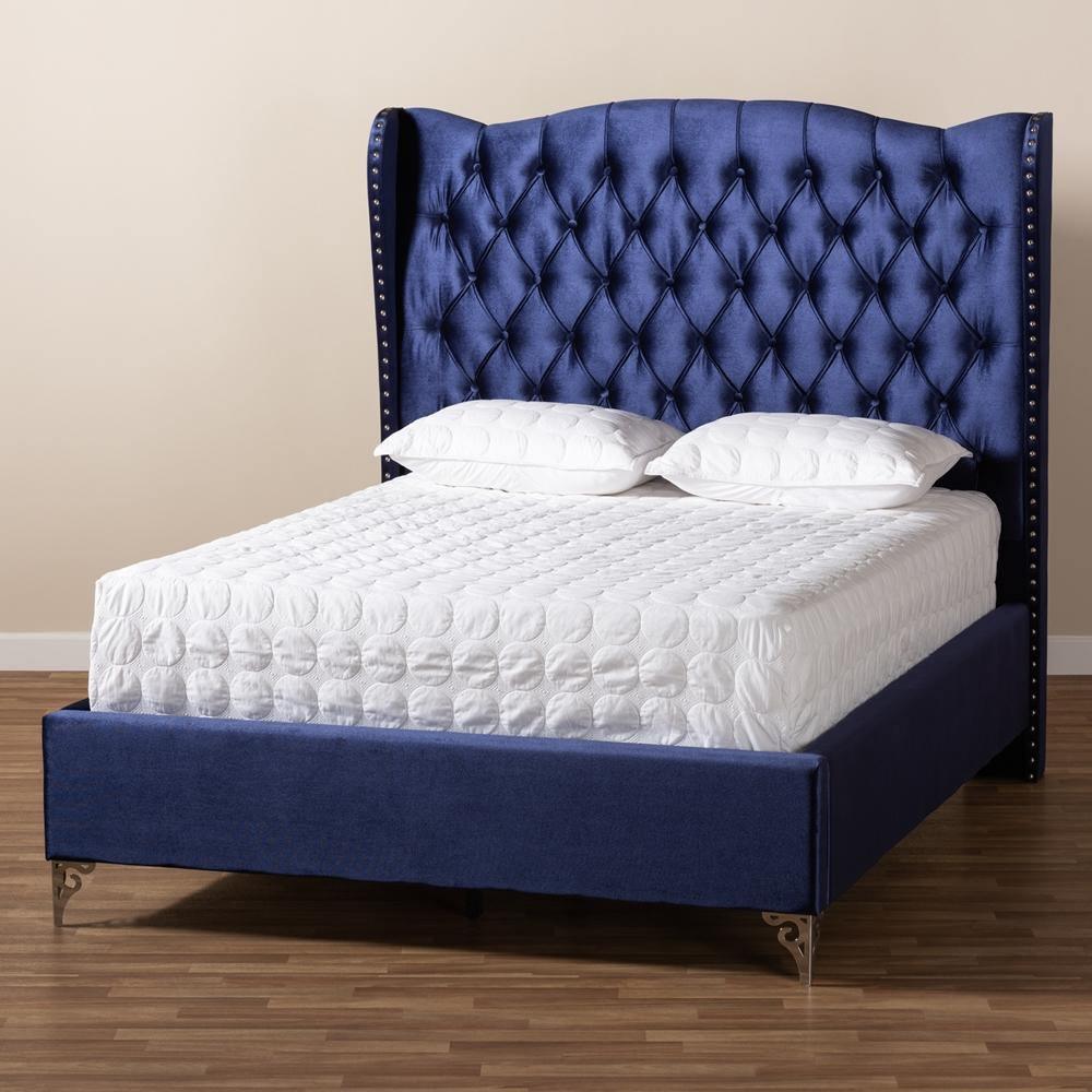 Hanne Glam and Luxe Purple Blue Velvet Fabric Upholstered Queen Size Wingback Bed FredCo