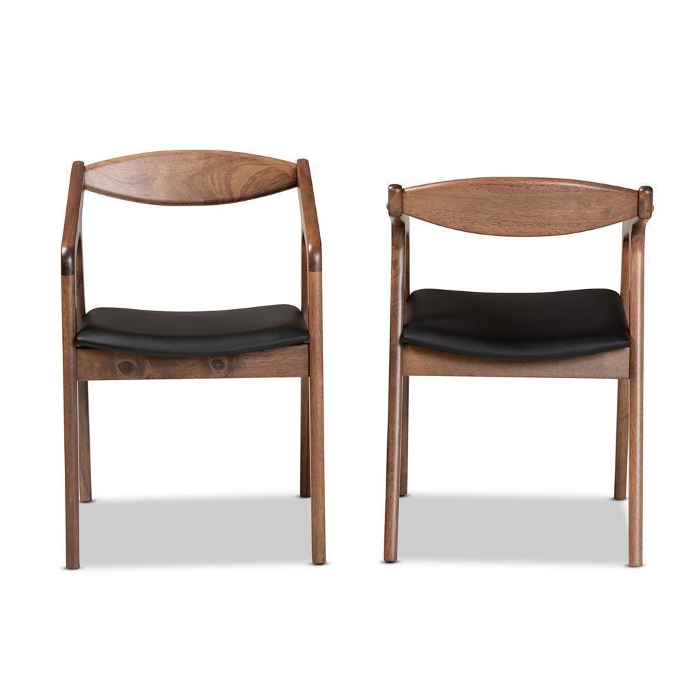 Harland Mid-Century Modern Black Faux Leather Upholstered and Walnut Brown Finished Wood 2-Piece Dining Chair Set FredCo