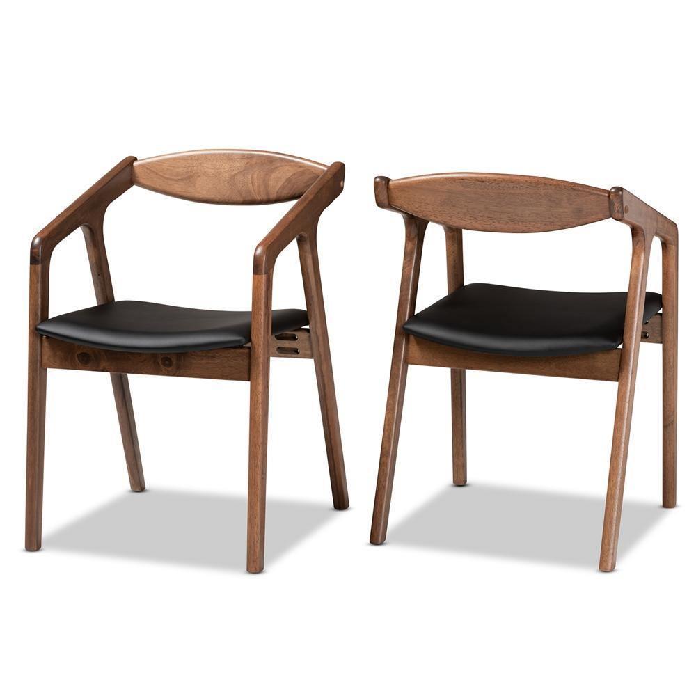 Harland Mid-Century Modern Black Faux Leather Upholstered and Walnut Brown Finished Wood 2-Piece Dining Chair Set FredCo