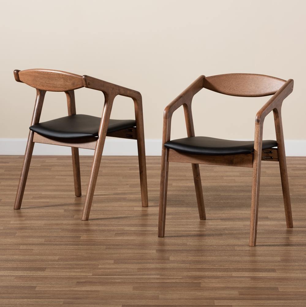 Harland Mid-Century Modern Black Faux Leather Upholstered and Walnut Brown Finished Wood 2-Piece Dining Chair Set FredCo