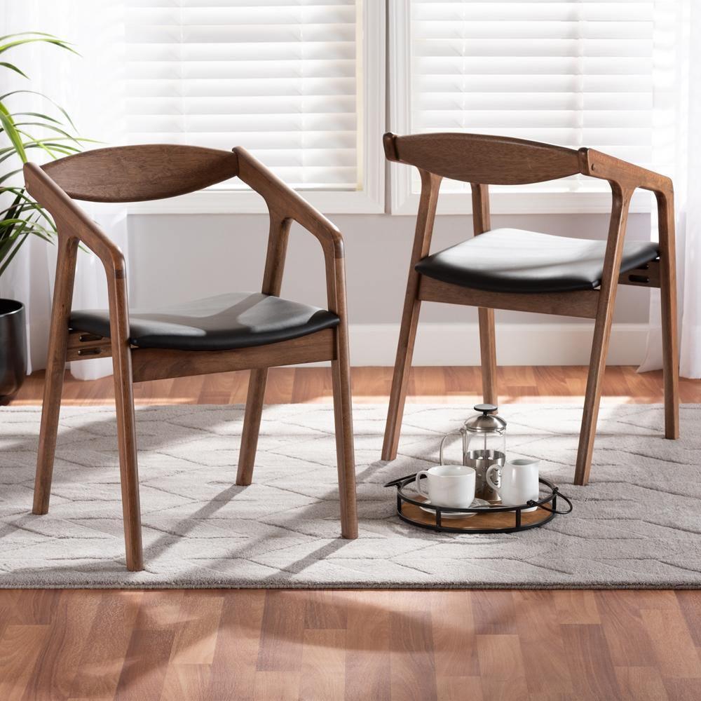 Harland Mid-Century Modern Black Faux Leather Upholstered and Walnut Brown Finished Wood 2-Piece Dining Chair Set FredCo