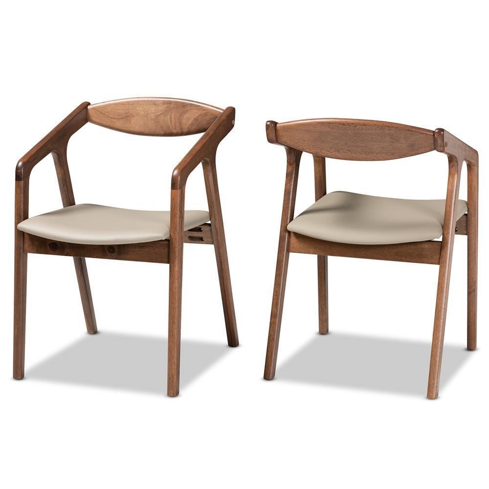 Harland Mid-Century Modern Grey Faux Leather Upholstered and Walnut Brown Finished Wood 2-Piece Dining Chair Set FredCo