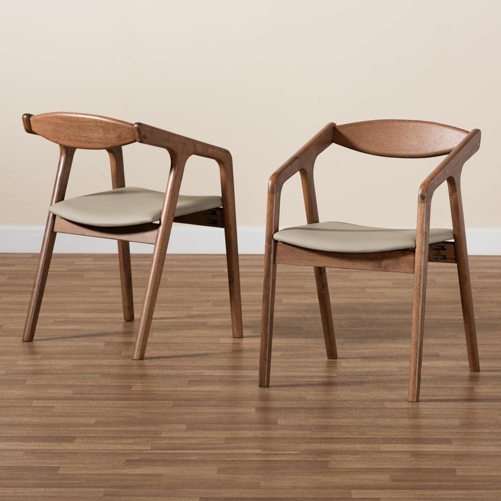Harland Mid-Century Modern Grey Faux Leather Upholstered and Walnut Brown Finished Wood 2-Piece Dining Chair Set FredCo