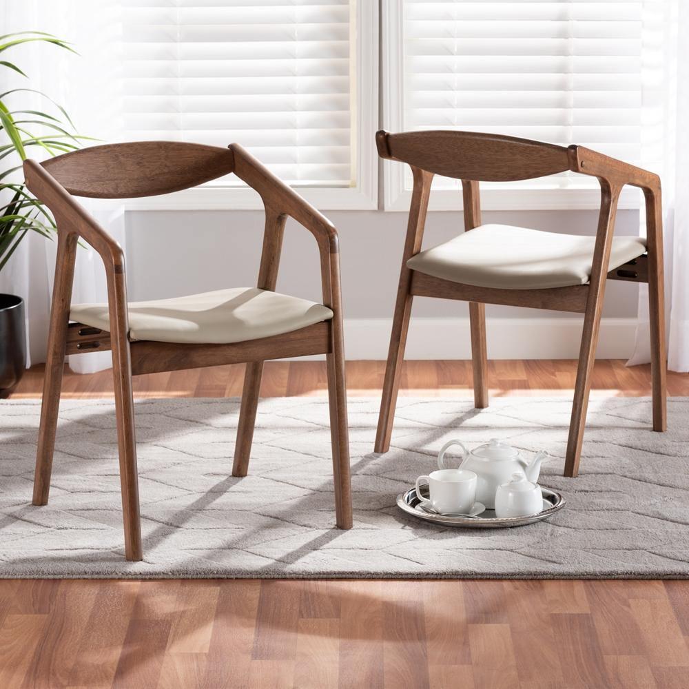Harland Mid-Century Modern Grey Faux Leather Upholstered and Walnut Brown Finished Wood 2-Piece Dining Chair Set FredCo