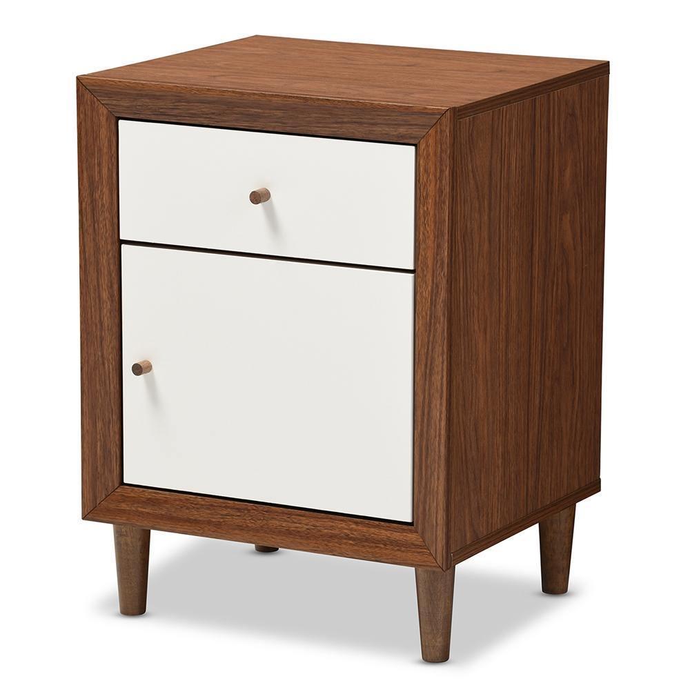 Harlow Mid-century Modern Scandinavian Style White and Walnut Wood 1-drawer and 1-door Nightstand FredCo