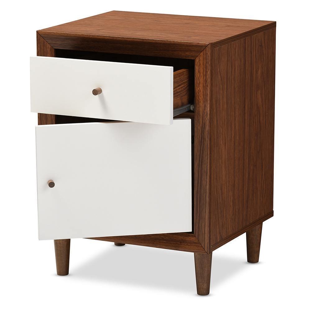 Harlow Mid-century Modern Scandinavian Style White and Walnut Wood 1-drawer and 1-door Nightstand FredCo