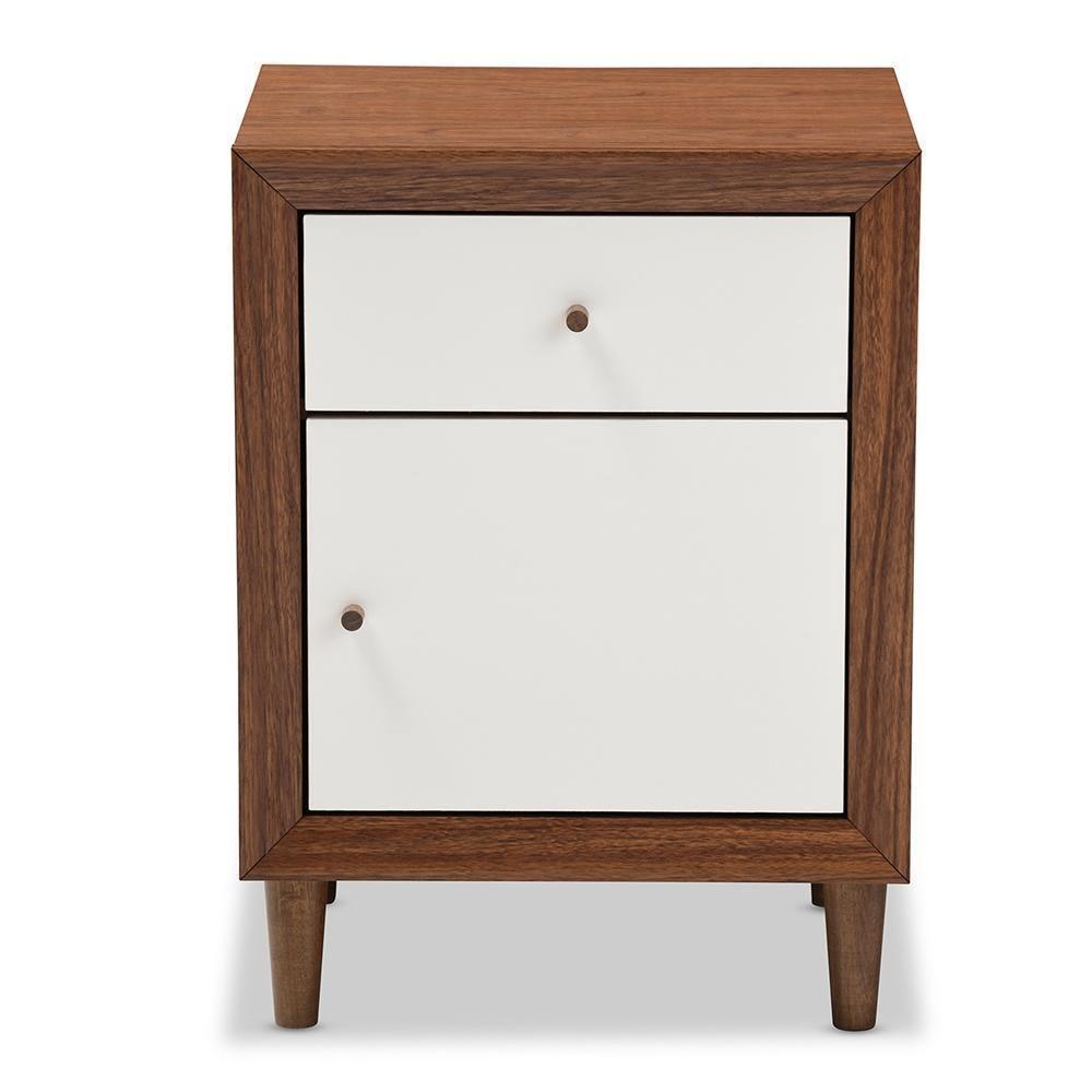 Harlow Mid-century Modern Scandinavian Style White and Walnut Wood 1-drawer and 1-door Nightstand FredCo