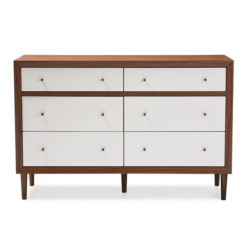 Harlow Mid-century Modern Scandinavian Style White and Walnut Wood 6-drawer Storage Dresser FredCo