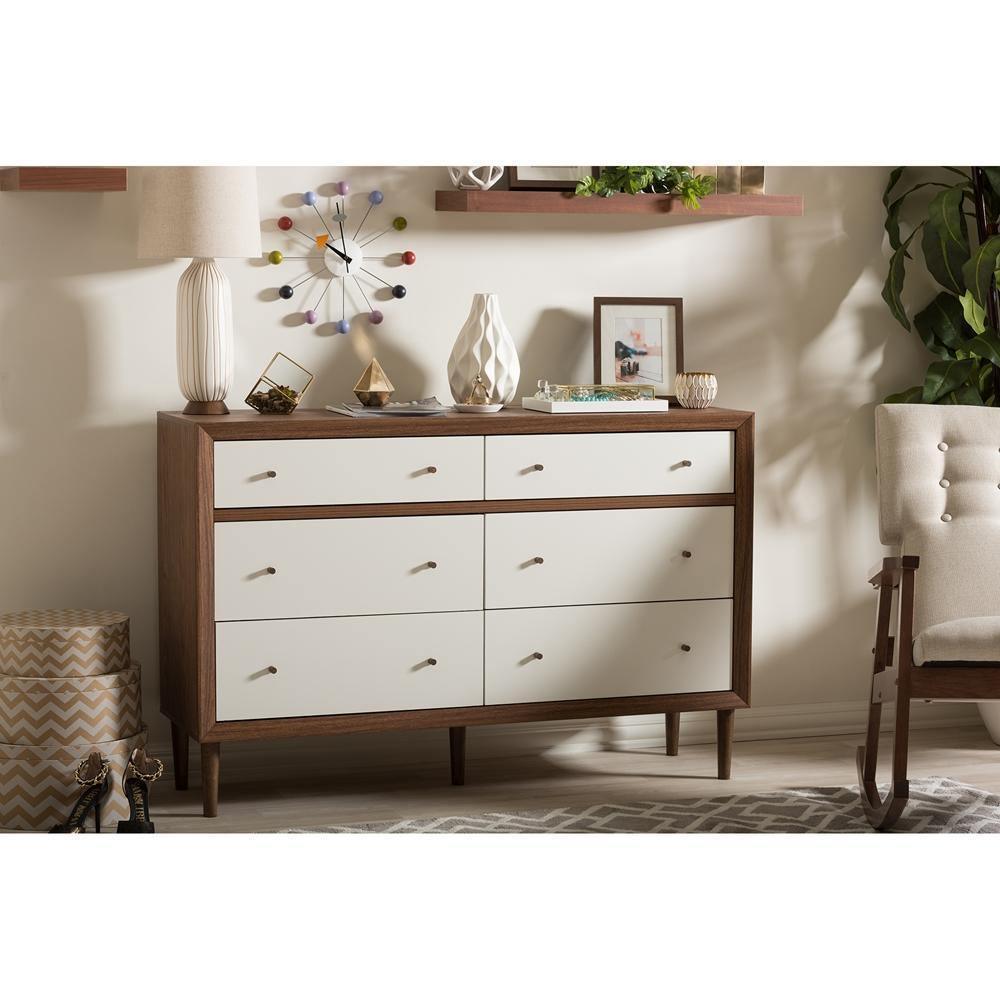 Harlow Mid-century Modern Scandinavian Style White and Walnut Wood 6-drawer Storage Dresser FredCo