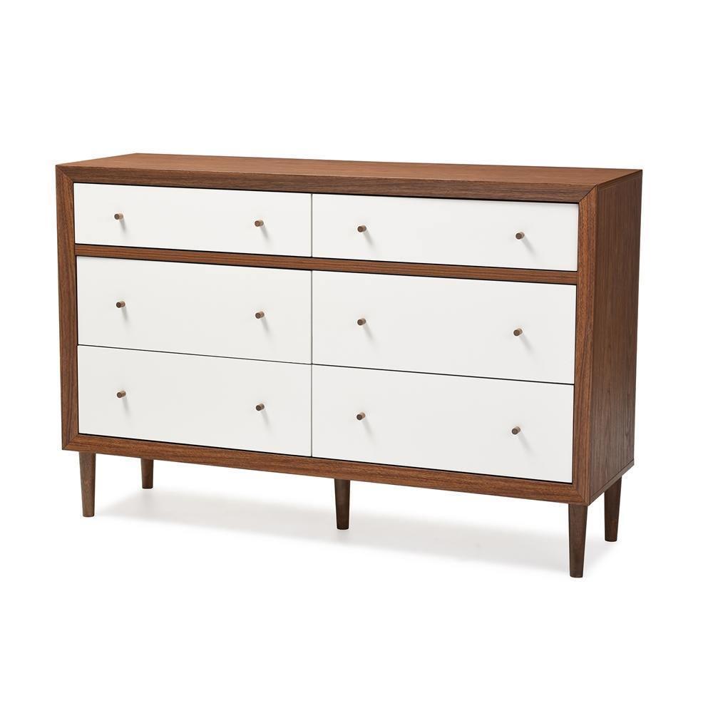 Harlow Mid-century Modern Scandinavian Style White and Walnut Wood 6-drawer Storage Dresser FredCo