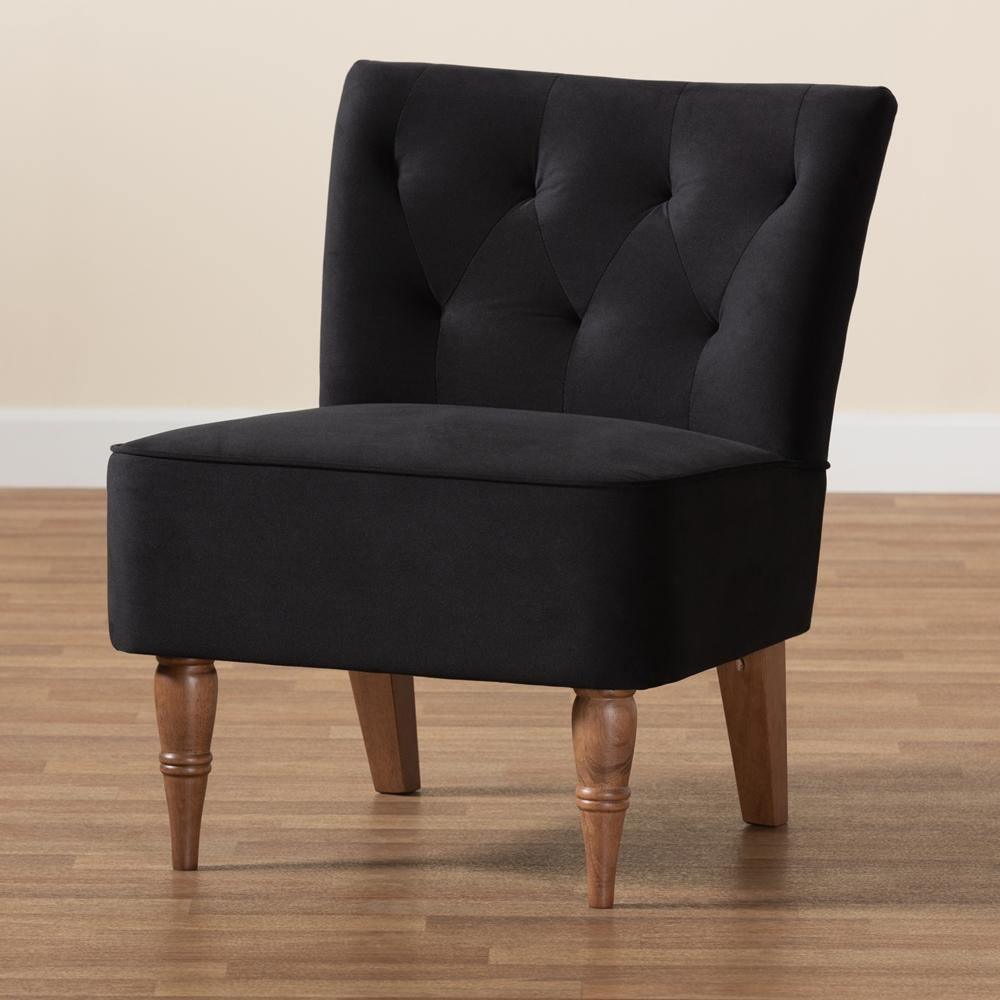 Harmon Modern and Contemporary Transitional Black Velvet Fabric Upholstered and Walnut Brown Finished Wood Accent Chair FredCo
