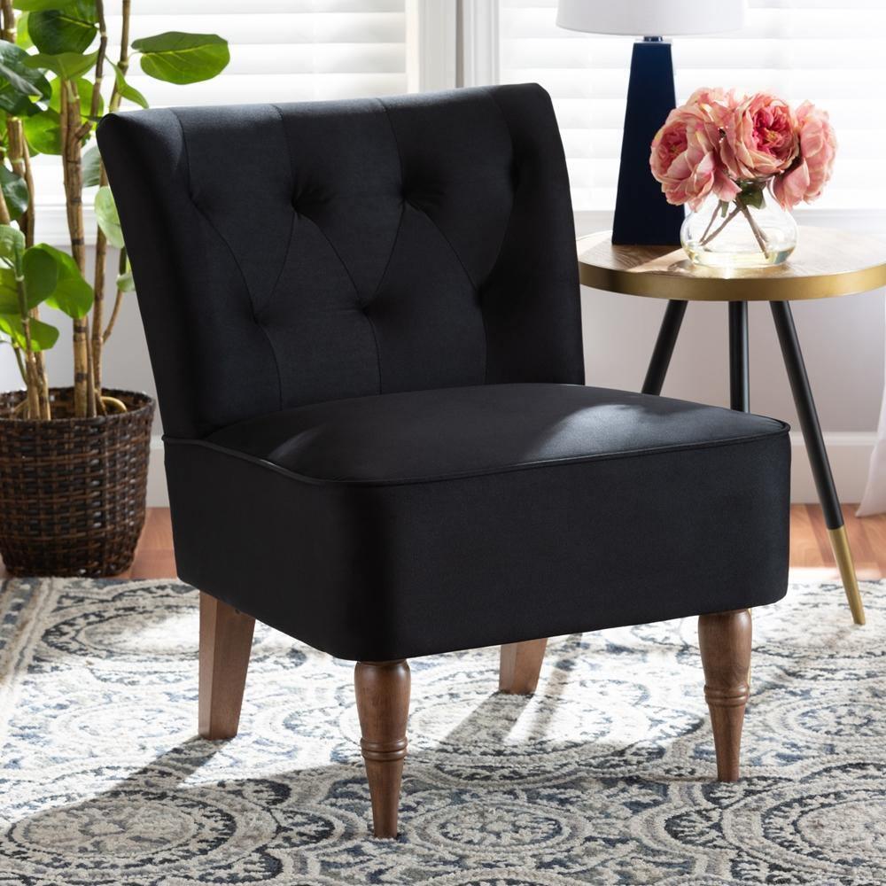 Harmon Modern and Contemporary Transitional Black Velvet Fabric Upholstered and Walnut Brown Finished Wood Accent Chair FredCo