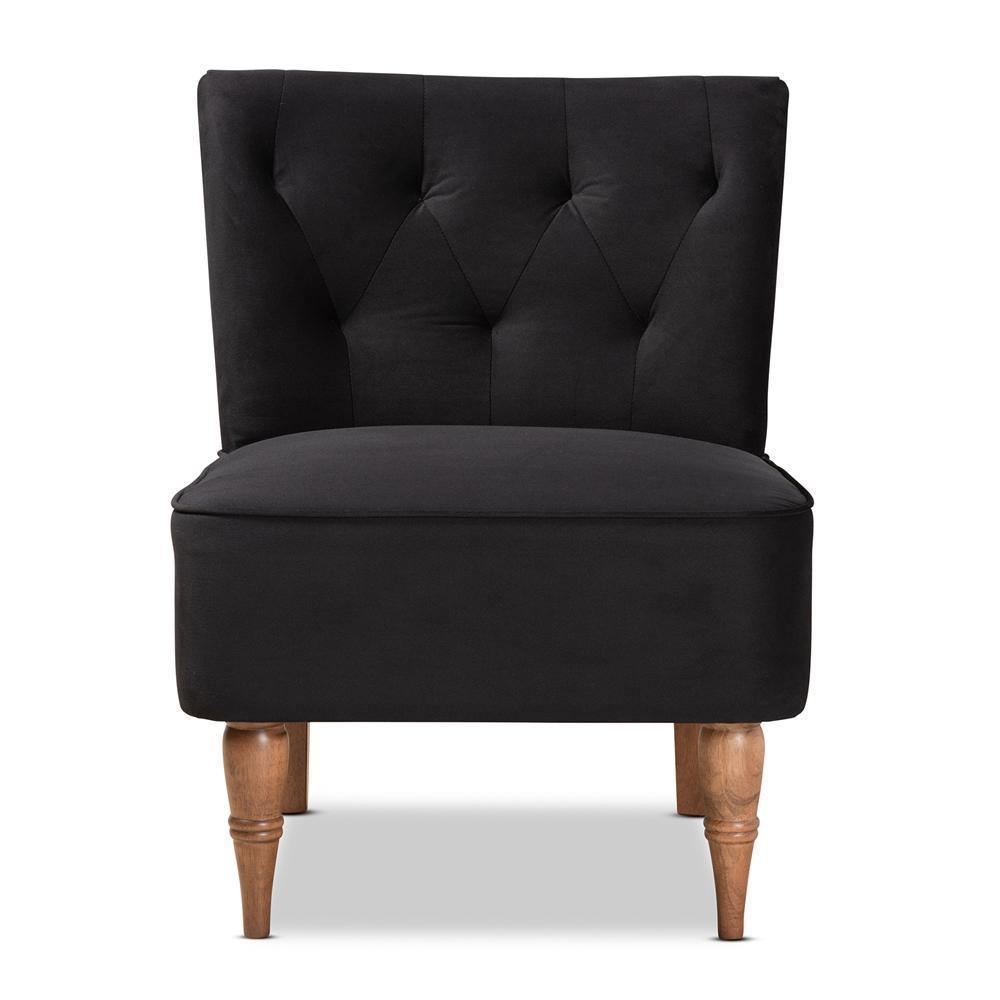 Harmon Modern and Contemporary Transitional Black Velvet Fabric Upholstered and Walnut Brown Finished Wood Accent Chair FredCo