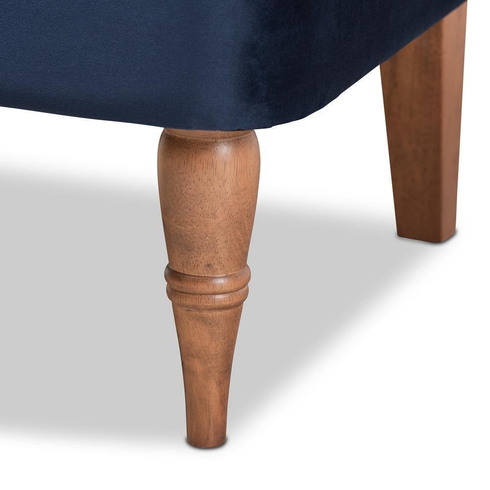 Harmon Modern and Contemporary Transitional Navy Blue Velvet Fabric Upholstered and Walnut Brown Finished Wood Accent Chair FredCo
