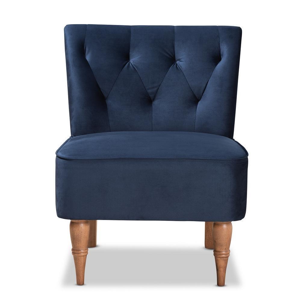 Harmon Modern and Contemporary Transitional Navy Blue Velvet Fabric Upholstered and Walnut Brown Finished Wood Accent Chair FredCo