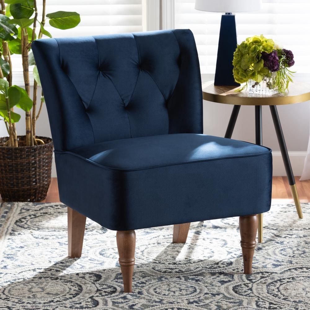 Harmon Modern and Contemporary Transitional Navy Blue Velvet Fabric Upholstered and Walnut Brown Finished Wood Accent Chair FredCo