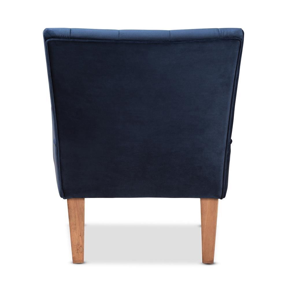 Harmon Modern and Contemporary Transitional Navy Blue Velvet Fabric Upholstered and Walnut Brown Finished Wood Accent Chair FredCo