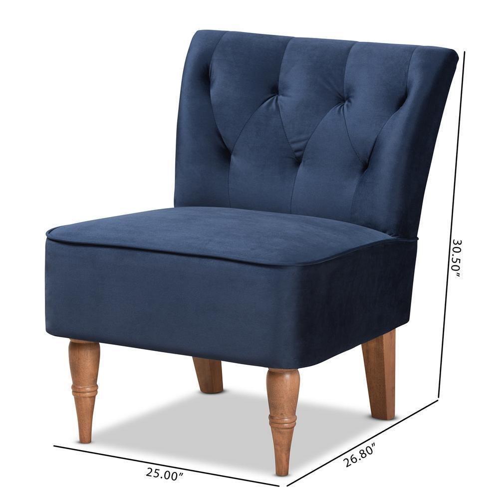 Harmon Modern and Contemporary Transitional Navy Blue Velvet Fabric Upholstered and Walnut Brown Finished Wood Accent Chair FredCo