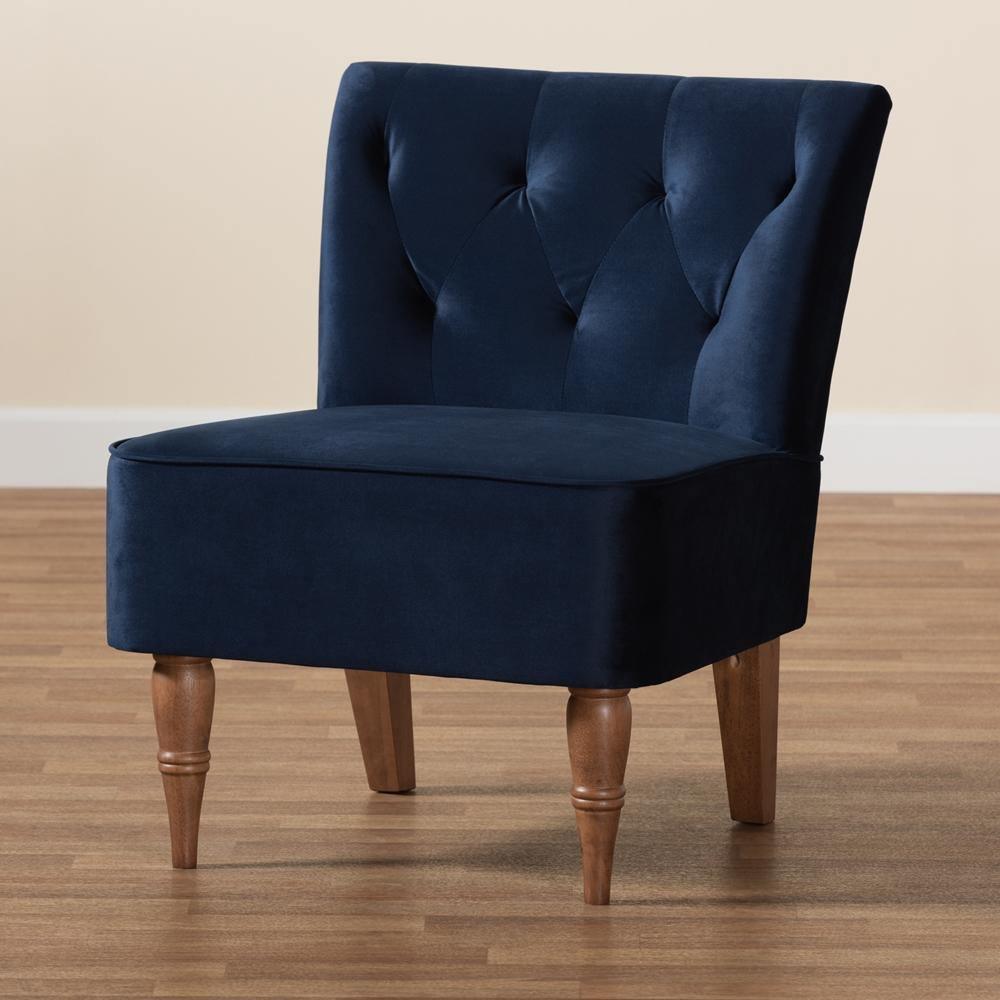 Harmon Modern and Contemporary Transitional Navy Blue Velvet Fabric Upholstered and Walnut Brown Finished Wood Accent Chair FredCo