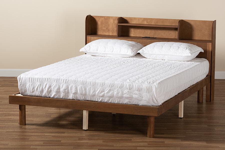 Harper Mid-Century Modern Transitional Walnut Brown Finished Wood Full Size Platform Bed with Charging Station FredCo