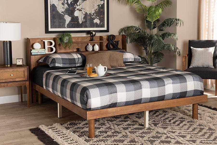 Harper Mid-Century Modern Transitional Walnut Brown Finished Wood Full Size Platform Bed with Charging Station FredCo