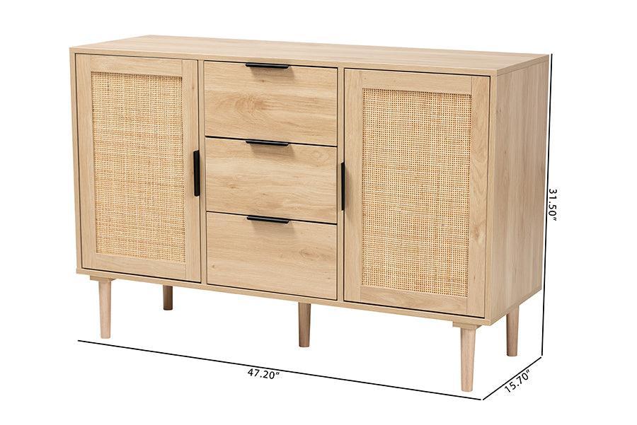Harrison Mid-Century Modern Natural Brown Finished Wood and Natural Rattan 3-Drawer Sideboard FredCo