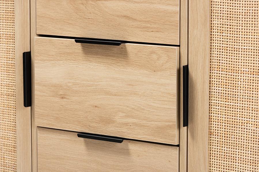 Harrison Mid-Century Modern Natural Brown Finished Wood and Natural Rattan 3-Drawer Sideboard FredCo