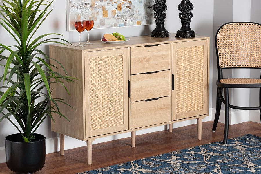 Harrison Mid-Century Modern Natural Brown Finished Wood and Natural Rattan 3-Drawer Sideboard FredCo