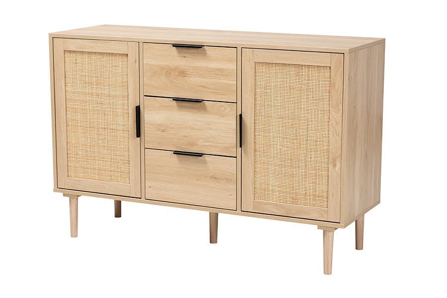 Harrison Mid-Century Modern Natural Brown Finished Wood and Natural Rattan 3-Drawer Sideboard FredCo