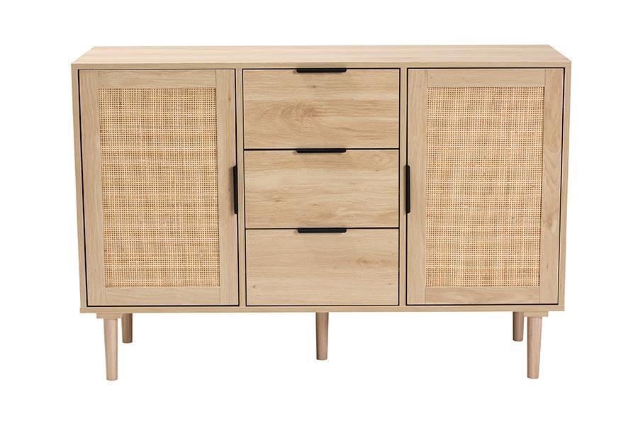 Harrison Mid-Century Modern Natural Brown Finished Wood and Natural Rattan 3-Drawer Sideboard FredCo