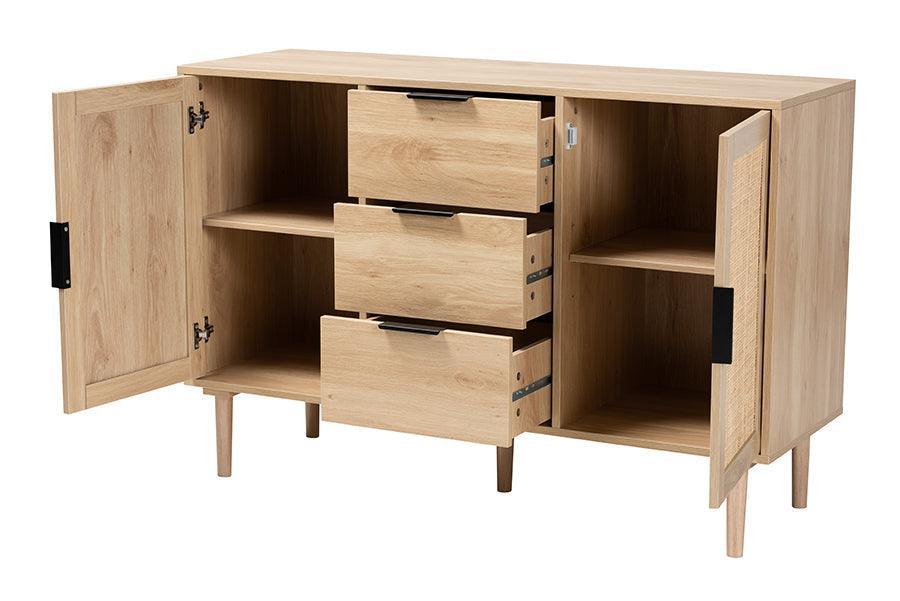 Harrison Mid-Century Modern Natural Brown Finished Wood and Natural Rattan 3-Drawer Sideboard FredCo