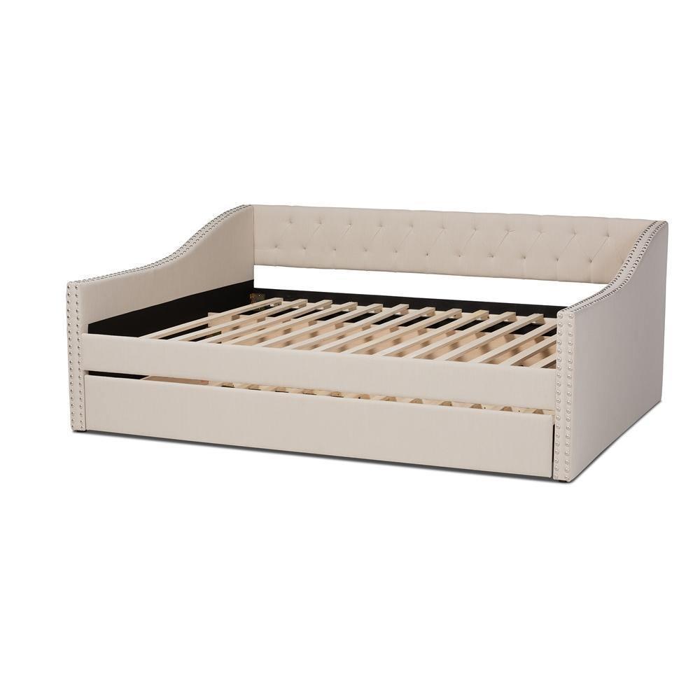 Haylie Modern and Contemporary Beige Fabric Upholstered Full Size Daybed with Roll-Out Trundle Bed FredCo