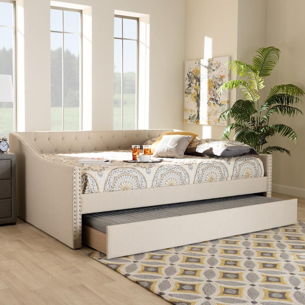 Haylie Modern and Contemporary Beige Fabric Upholstered Full Size Daybed with Roll-Out Trundle Bed FredCo