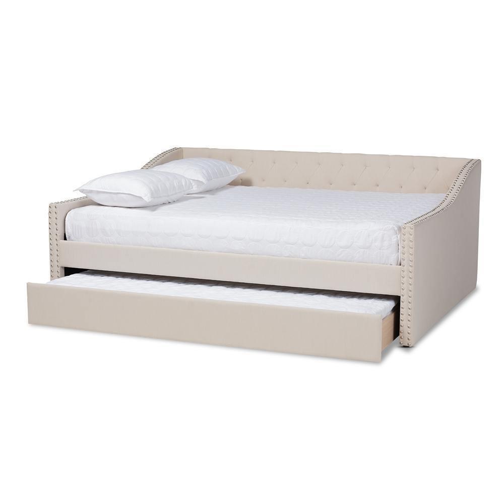 Haylie Modern and Contemporary Beige Fabric Upholstered Full Size Daybed with Roll-Out Trundle Bed FredCo