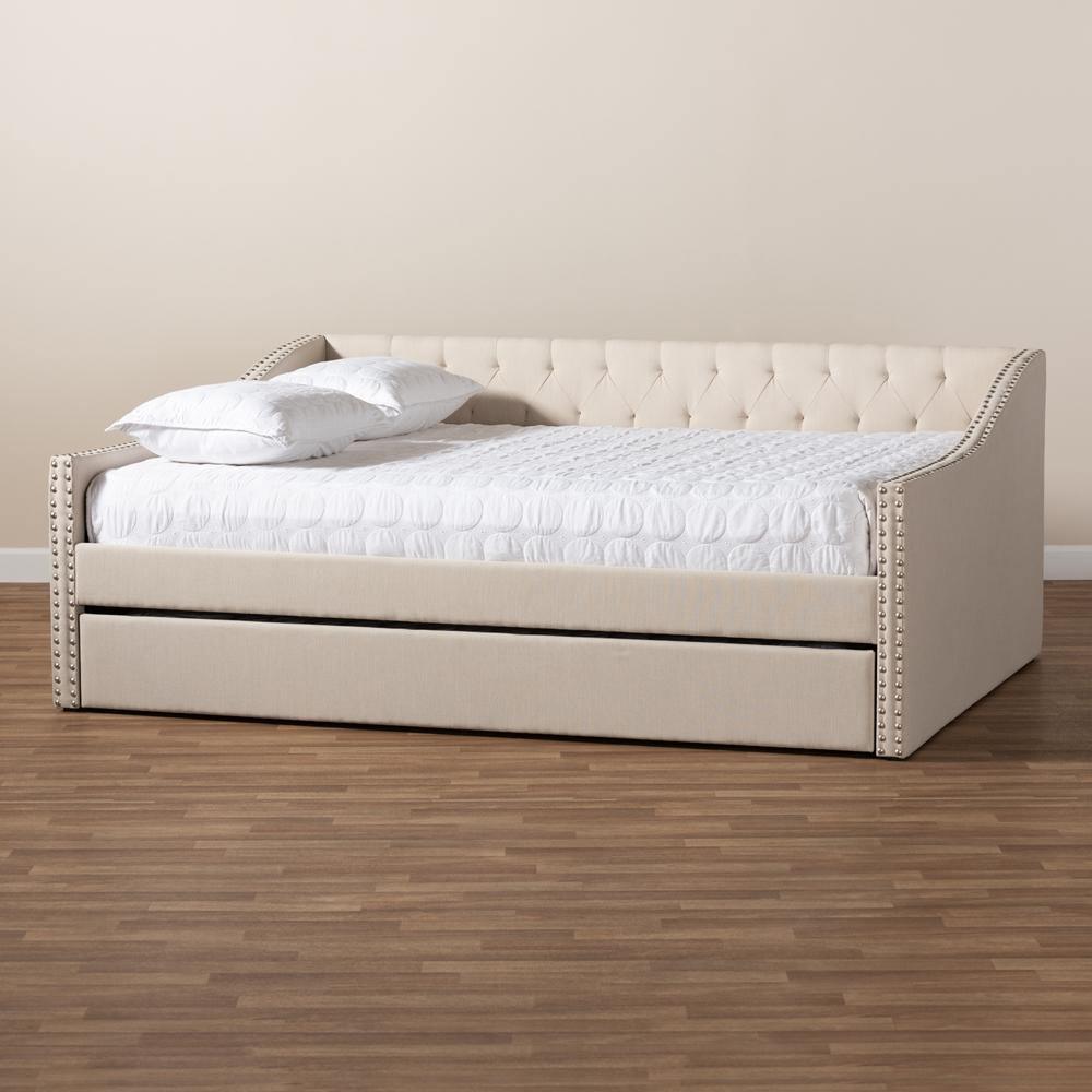 Haylie Modern and Contemporary Beige Fabric Upholstered Full Size Daybed with Roll-Out Trundle Bed FredCo