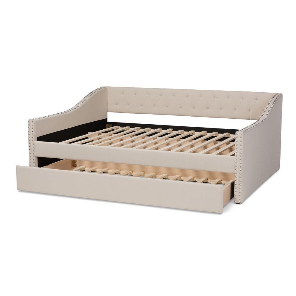 Haylie Modern and Contemporary Beige Fabric Upholstered Full Size Daybed with Roll-Out Trundle Bed FredCo