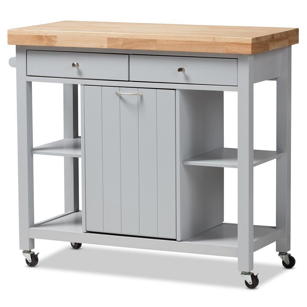 Hayward Coastal and Farmhouse Light Grey Wood Kitchen Cart FredCo