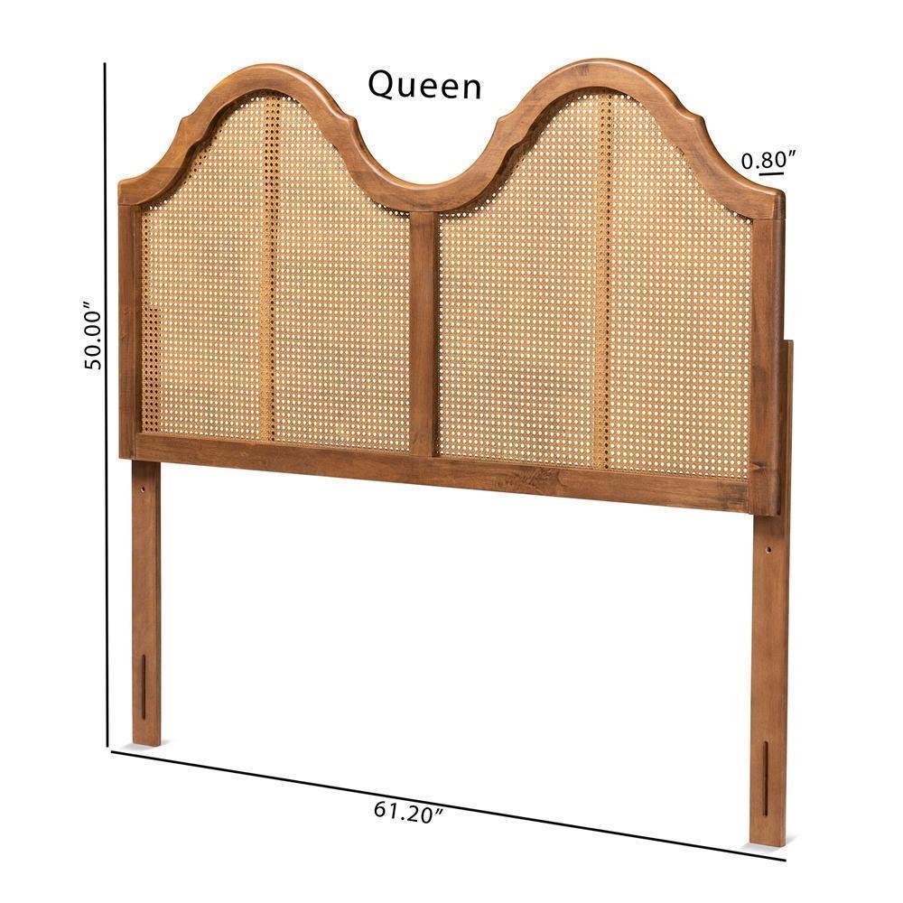 Hazel Vintage Classic and Traditional Ash Walnut Finished Wood and Synthetic Rattan Queen Size Arched Headboard FredCo
