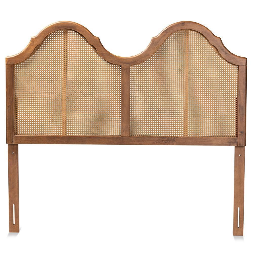 Hazel Vintage Classic and Traditional Ash Walnut Finished Wood and Synthetic Rattan Queen Size Arched Headboard FredCo