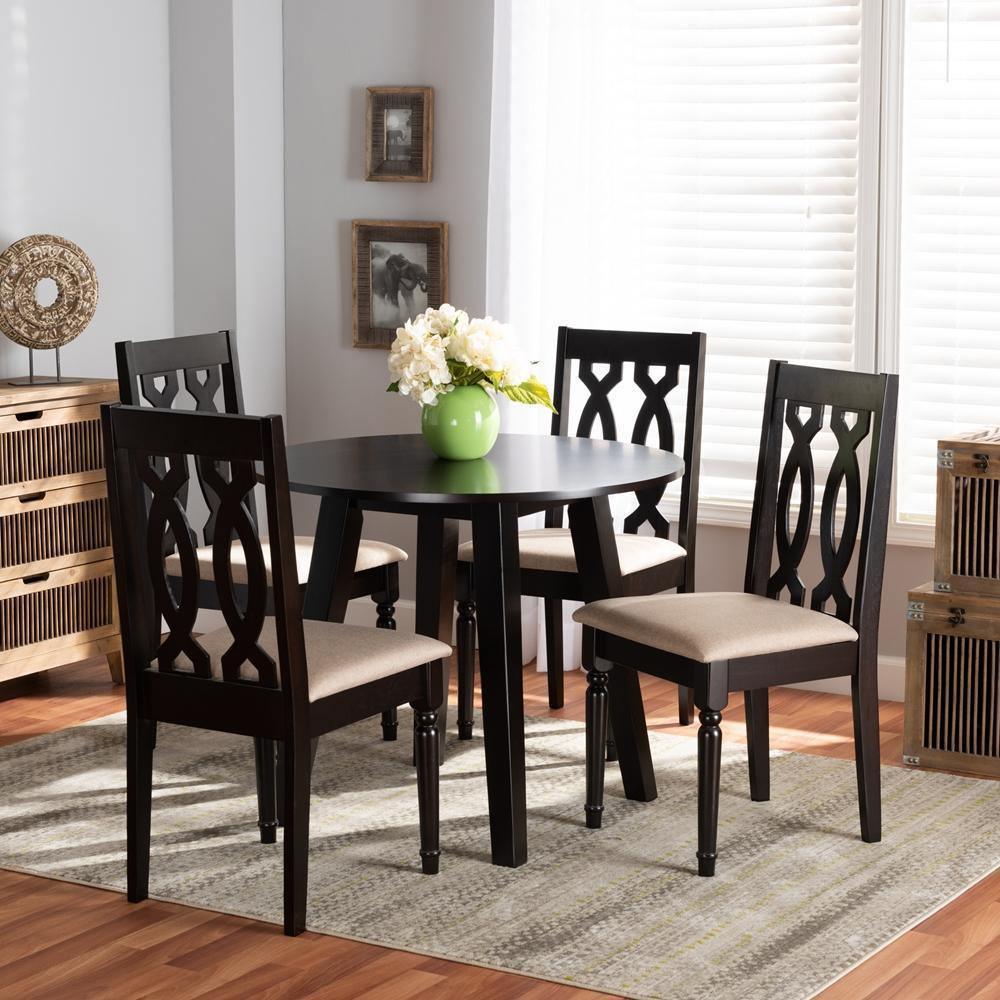 Heidi Modern and Contemporary Sand Fabric Upholstered and Dark Brown Finished Wood 5-Piece Dining Set FredCo
