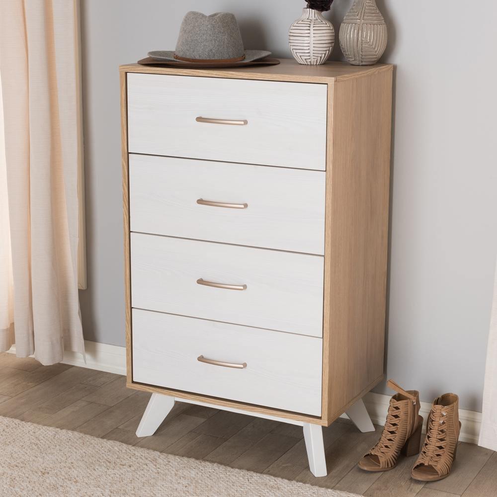 Helena Mid-Century Modern Natural Oak and Whitewashed Finished Wood 4-Drawer Chest FredCo